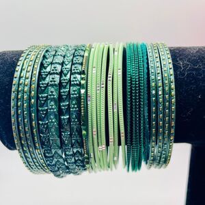 Green bangles with gold accents. 25 bracelets. 7 1/4 inches to 7 1/2 inches